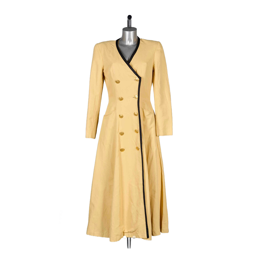 Women's Vintage Yellow Double-Breasted Dress with Black Trim