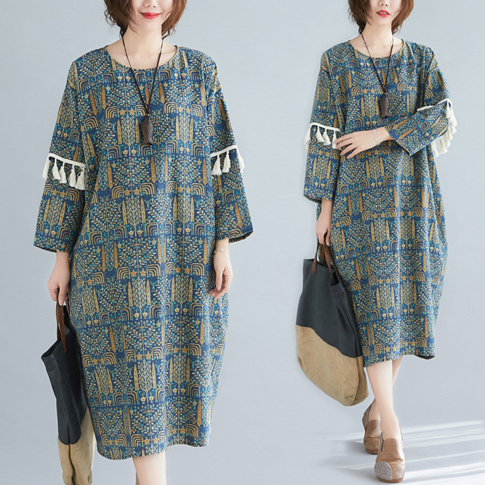 Cotton Linen Vintage Double Sleeve Fringe Dress Women