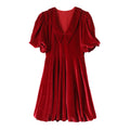 Vintage Red Bubble Sleeve Velvet Dress For Women
