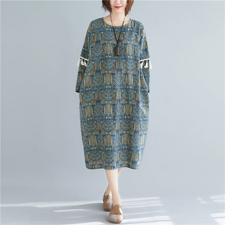Cotton Linen Vintage Double Sleeve Fringe Dress Women