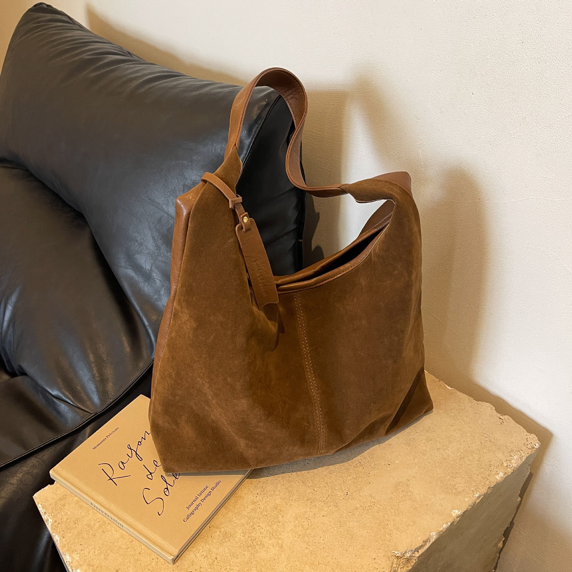 Vintage Suede Stitching Pu Shoulder Bag For Women