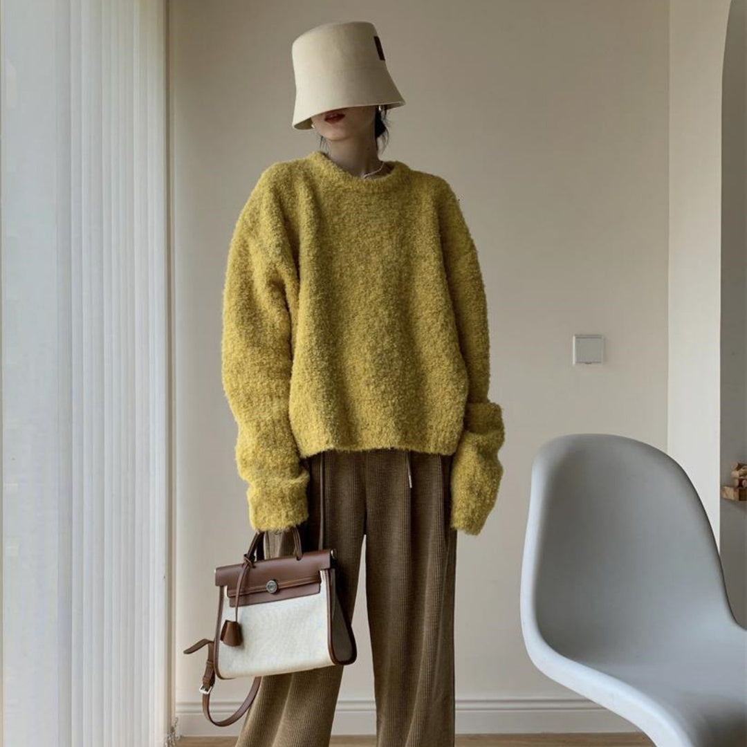 Color Round Neck Pullover Furry Vintage Wool Circle Yellow Sweater For Women