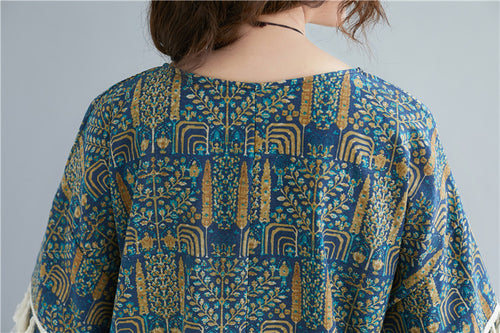 Cotton Linen Vintage Double Sleeve Fringe Dress Women