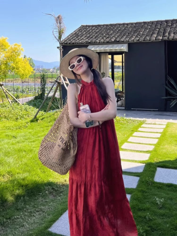 Vintage Chinese-style Jacquard Red Halter Dress For Women