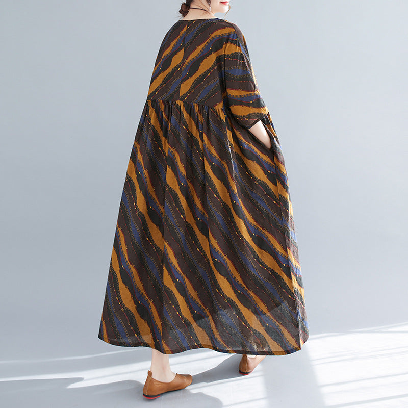 Vintage Large Loose Short-sleeved Printed Swing Dress For Women