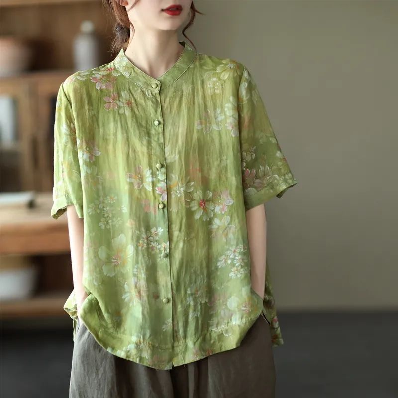 Vintage Digital Printed Cotton Linen Blouse For Women
