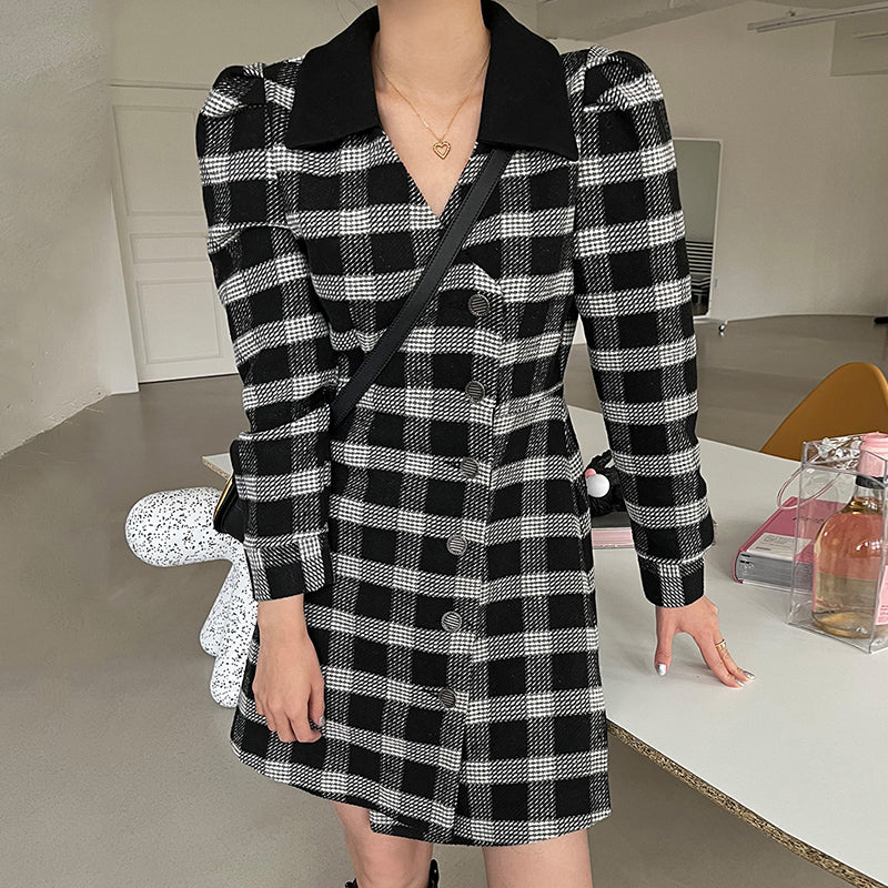 Vintage Color Contrast Check Pattern Waist Closing Bubble Sleeve Dress For Women