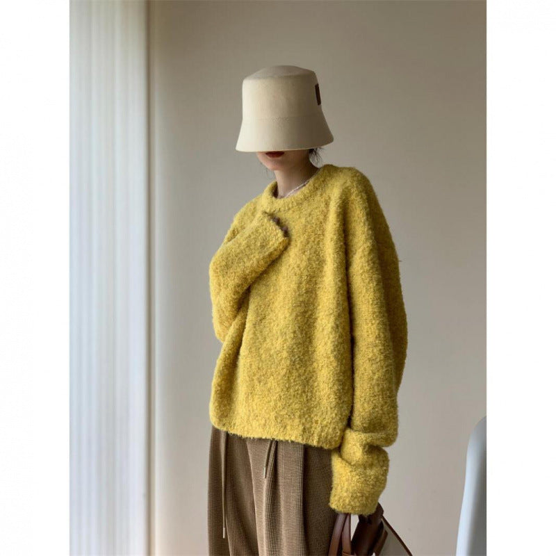 Color Round Neck Pullover Furry Vintage Wool Circle Yellow Sweater For Women