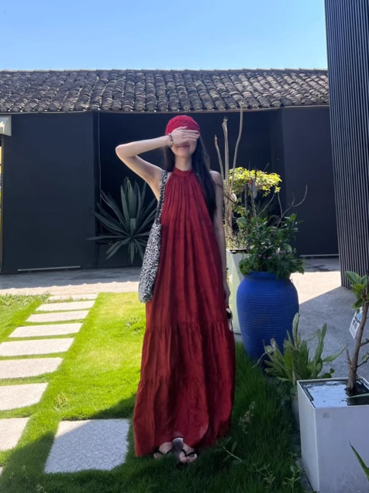 Vintage Chinese-style Jacquard Red Halter Dress For Women