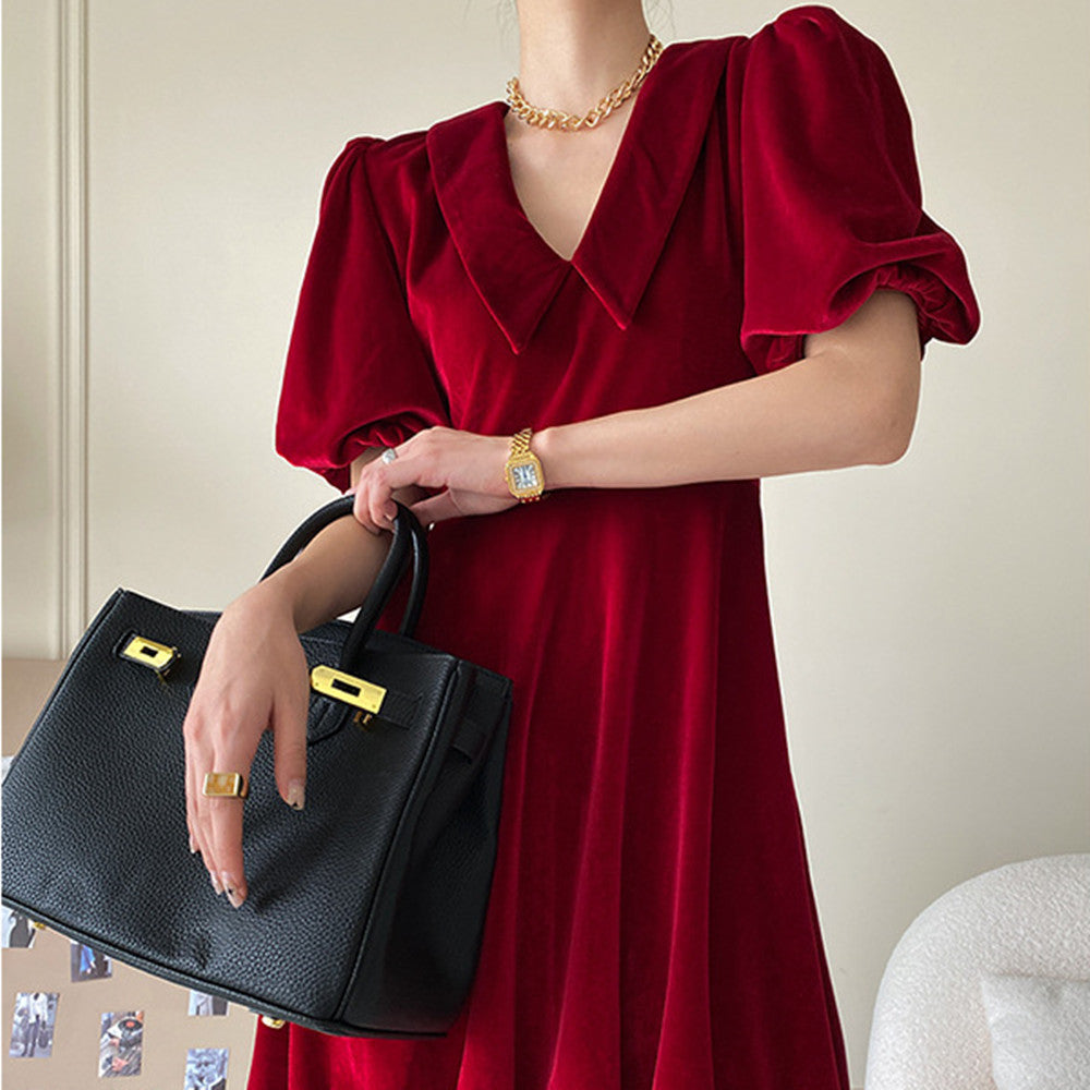 Vintage Red Bubble Sleeve Velvet Dress For Women