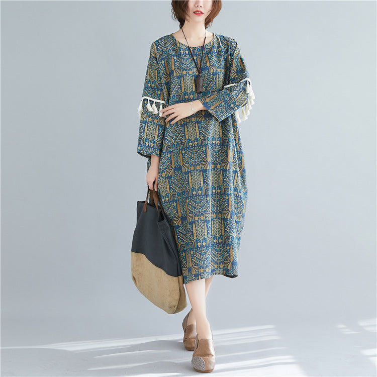 Cotton Linen Vintage Double Sleeve Fringe Dress Women