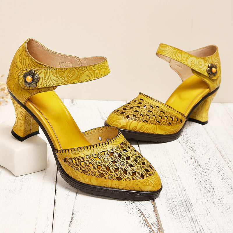 Womens Fashion Hollowed-Out Vintage High-Heel Sandals