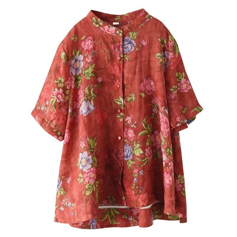 Vintage Digital Printed Cotton Linen Blouse For Women