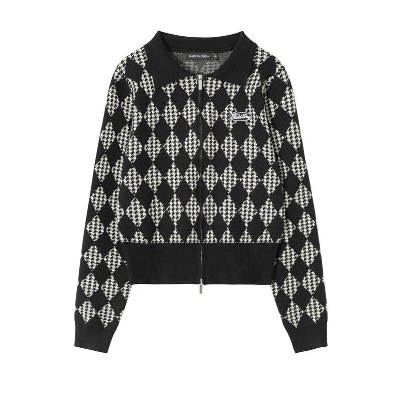 Vintage Diamond Suit Lapel Double Zipper Knitted Cardigan For Women