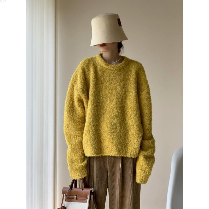 Color Round Neck Pullover Furry Vintage Wool Circle Yellow Sweater For Women