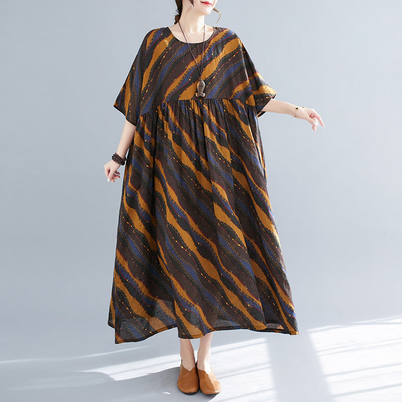 Vintage Large Loose Short-sleeved Printed Swing Dress For Women