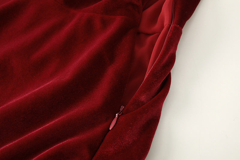 Vintage Red Bubble Sleeve Velvet Dress For Women