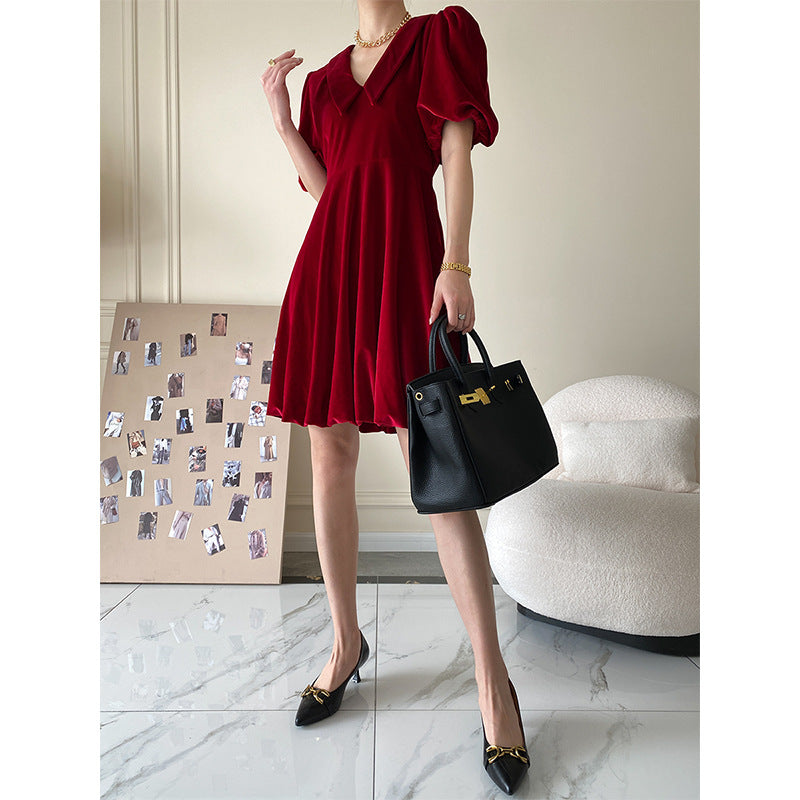 Vintage Red Bubble Sleeve Velvet Dress For Women