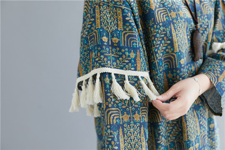 Cotton Linen Vintage Double Sleeve Fringe Dress Women