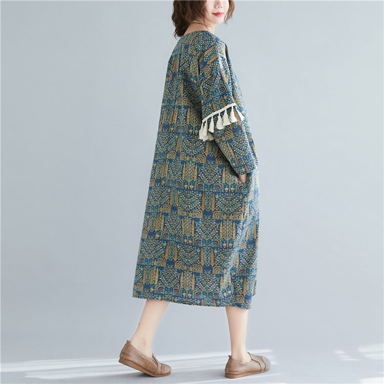 Cotton Linen Vintage Double Sleeve Fringe Dress Women